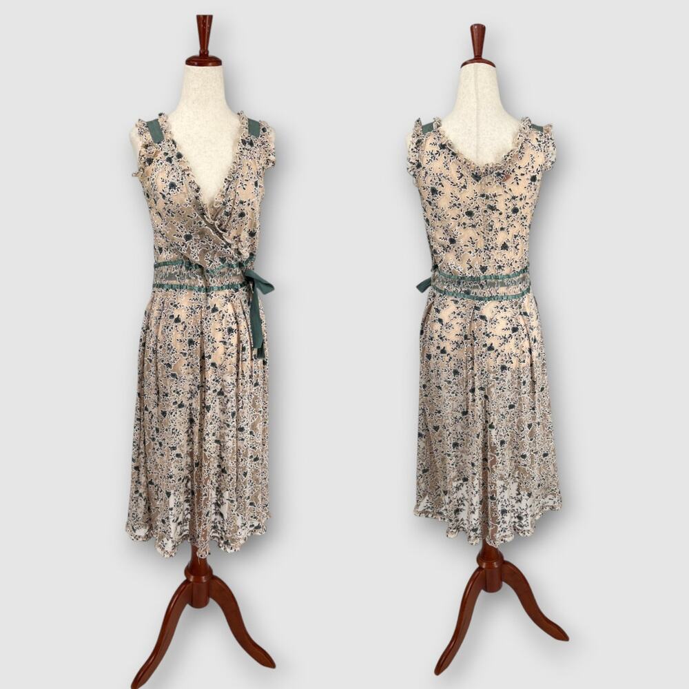 Vintage Floral Taupe Mesh Lace Wrap Cottagecore Midi Dress S/M